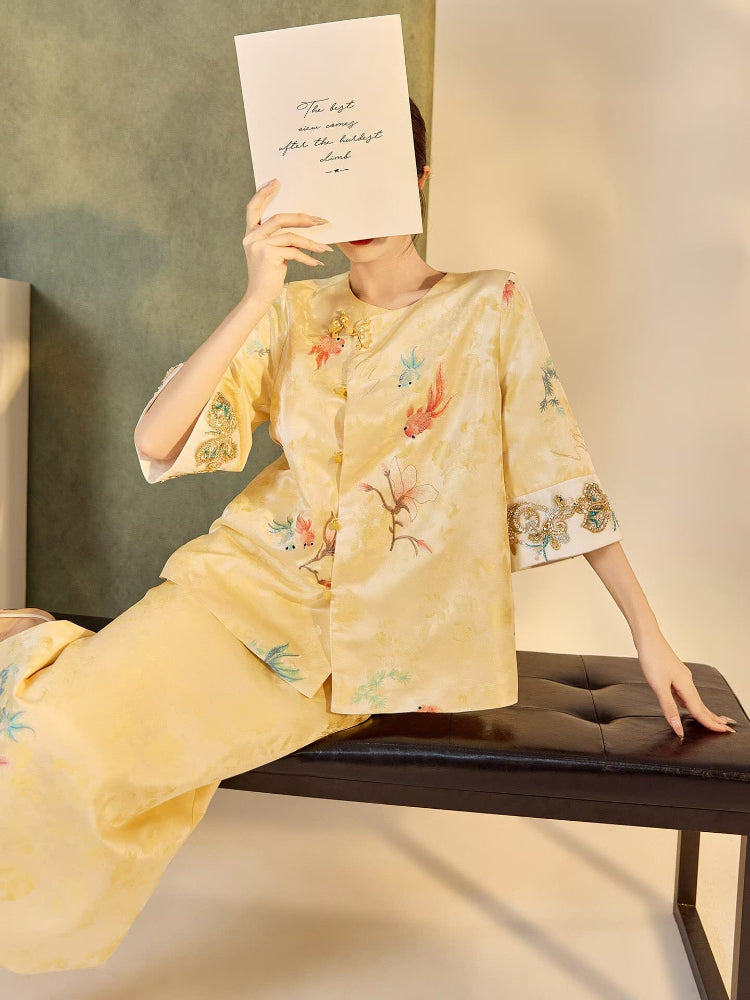 Beth and Brian Qipao-JZ Iris Gold Koi Fish & Floral Embroidery Cheongsam Top & Skirt Set
