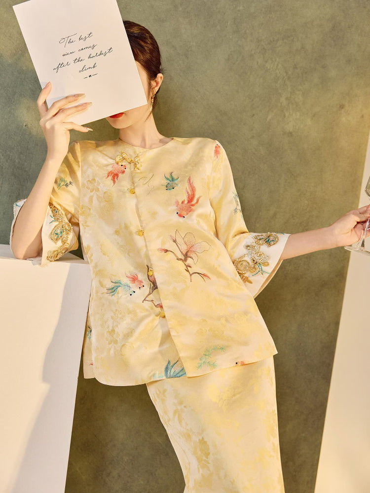 Beth and Brian Qipao-JZ Iris Gold Koi Fish & Floral Embroidery Cheongsam Top & Skirt Set