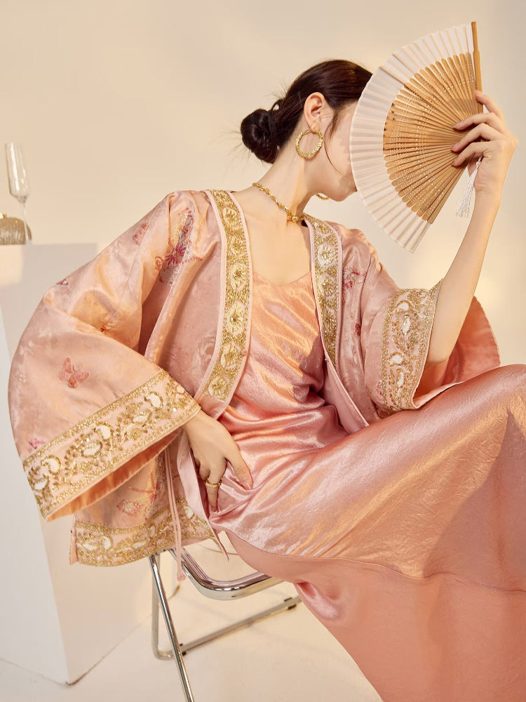 Beth and Brian Qipao-JZ Stella Pink Butterfly Embroidery Beaded Jacquard Loose Cheongsam Jacket