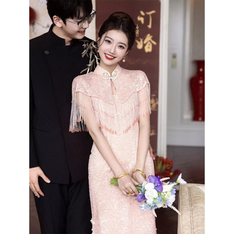BethandBrianQipao-YX Floral pattern, pink long wedding Cheongsam with shawl set