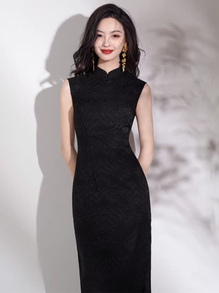 Beth and Brian Qipao-SWW Madeline Sleeveless Wave Jacquard Midi Cheongsam (3 Colors)