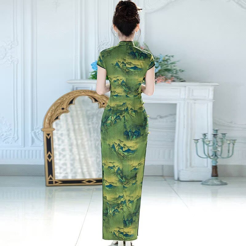 Beth and Brian Qipao-XYG Vivian Chinese Landscape Mountain Print Long Plus Size Cheongsam