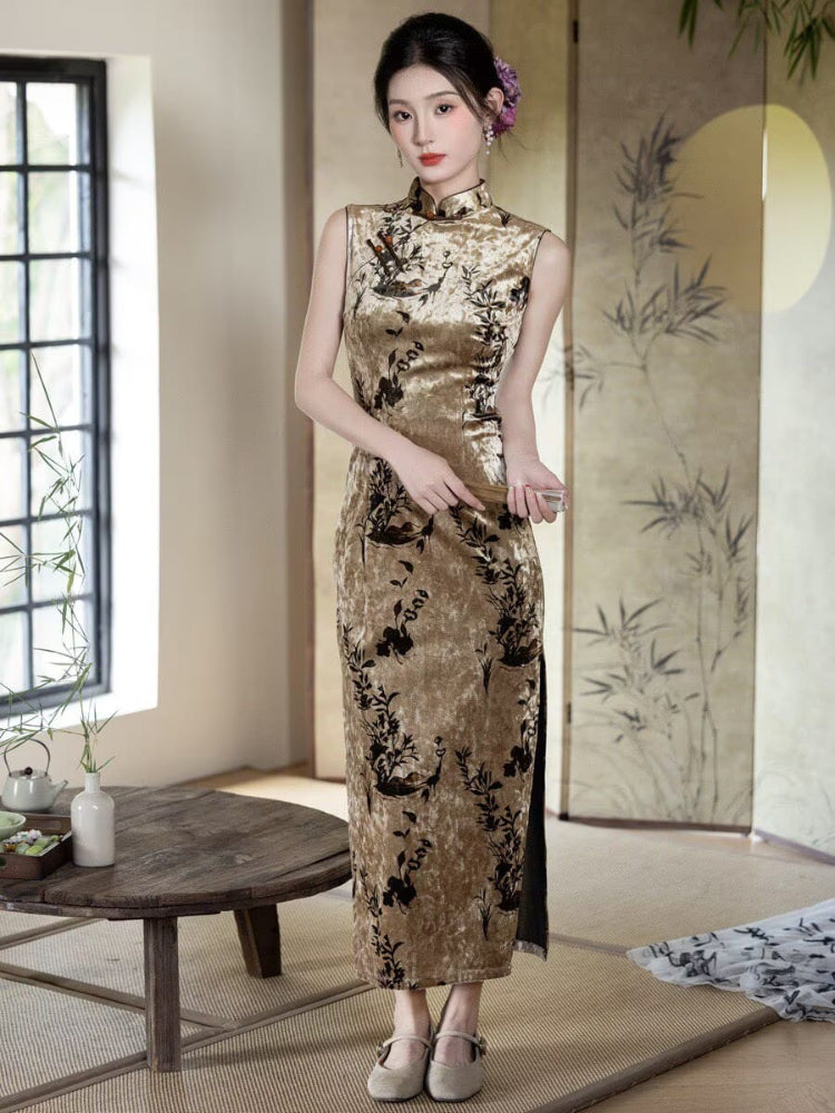 Beth and Brian Qipao-LY Stella Ink Bamboo Print Velvet Sleeveless Cheongsam