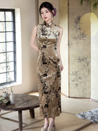 Beth and Brian Qipao-LY Stella Ink Bamboo Print Velvet Sleeveless Cheongsam