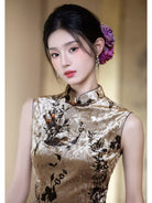 Beth and Brian Qipao-LY Stella Ink Bamboo Print Velvet Sleeveless Cheongsam