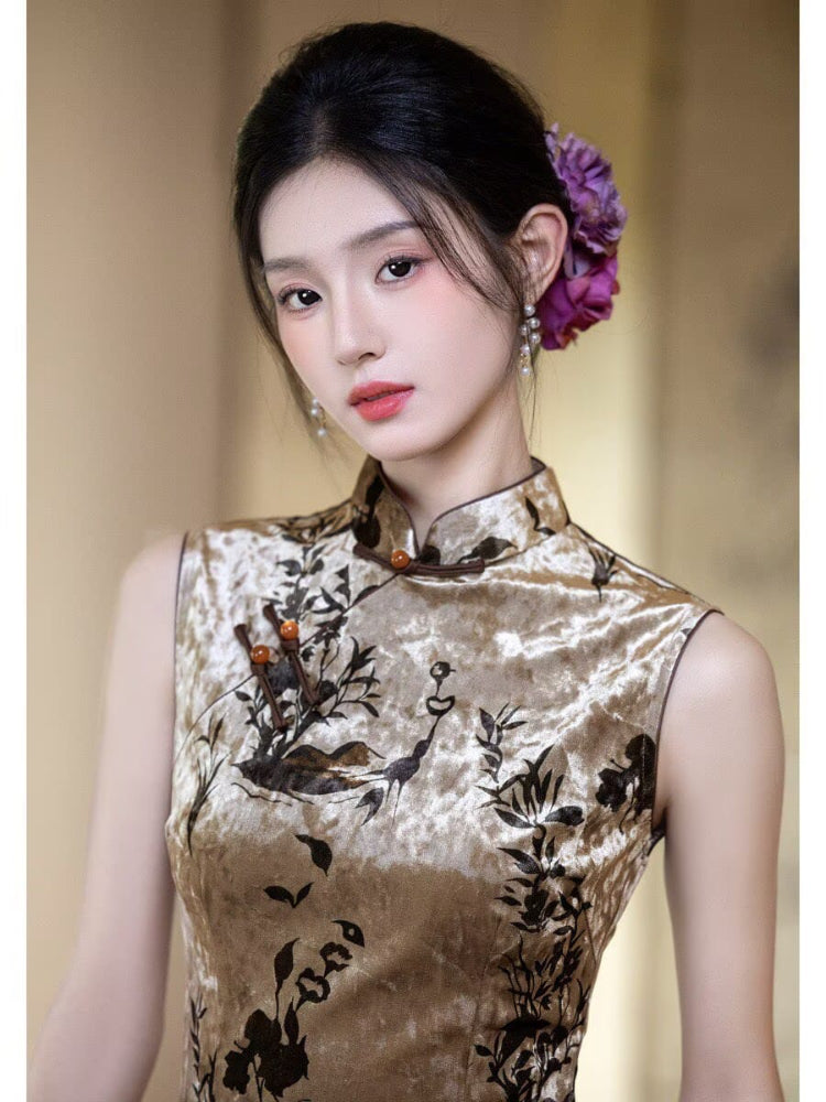 Beth and Brian Qipao-LY Stella Ink Bamboo Print Velvet Sleeveless Cheongsam