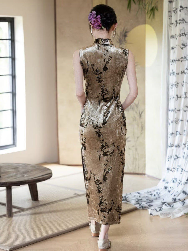 Beth and Brian Qipao-LY Stella Ink Bamboo Print Velvet Sleeveless Cheongsam
