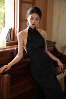 black qipao dress Halter Maxi for women| Backless Cheongsam Gown – Beth & Brian / XS Formal Black Midi Dress 2/28 line silhouette Zip closure Size:1X