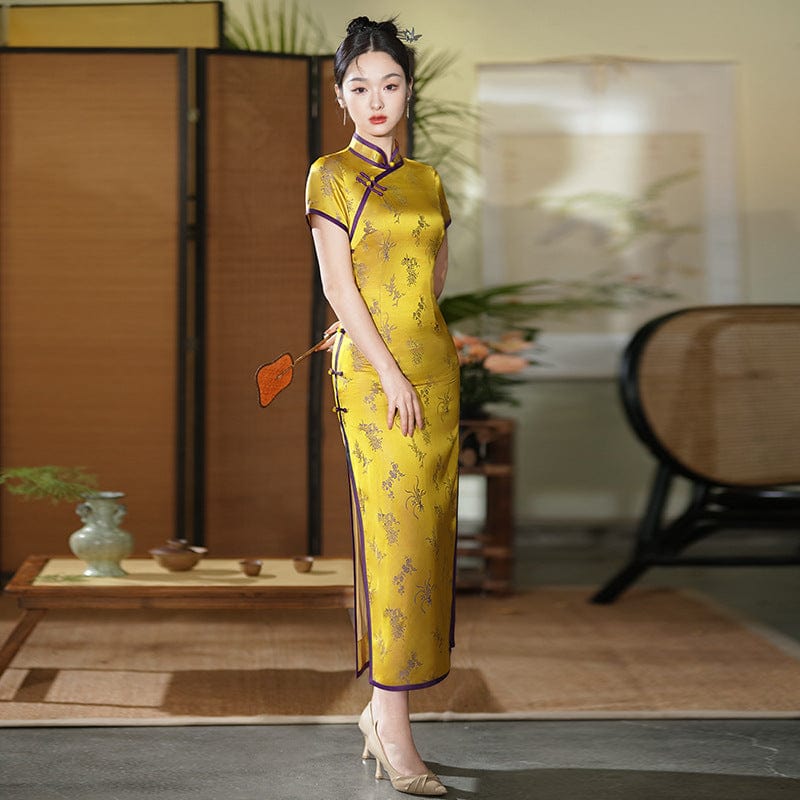 Beth and Brian Qipao-TF Floral pattern, jacquard silk long Cheongsam