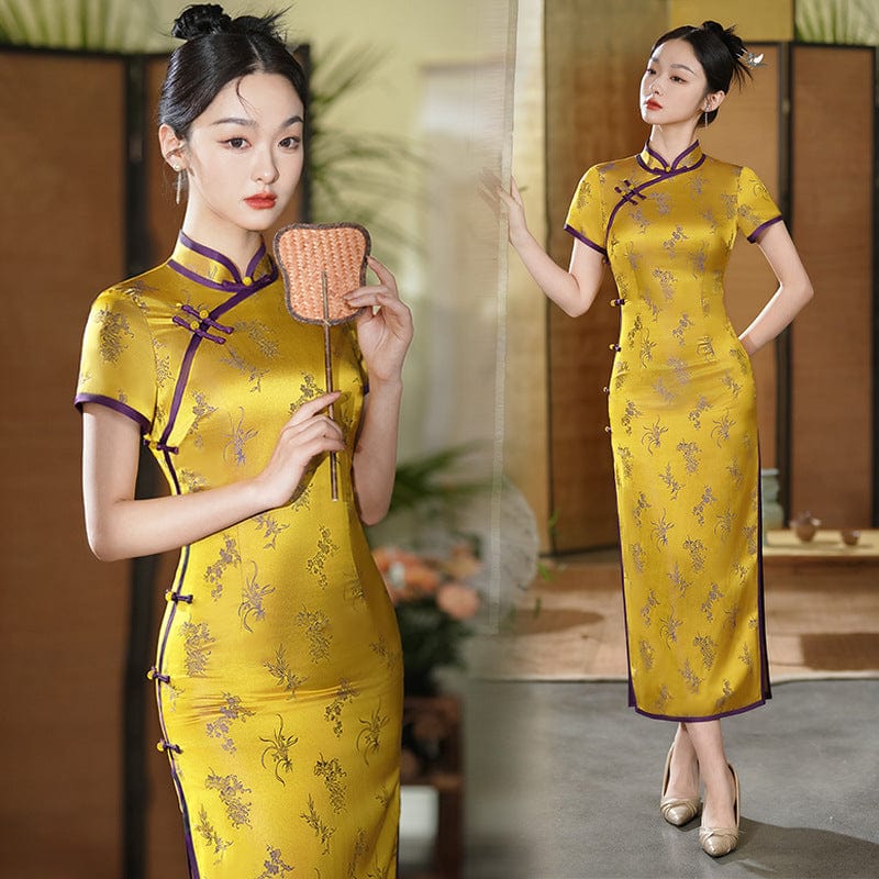 Beth and Brian Qipao-TF Floral pattern, jacquard silk long Cheongsam