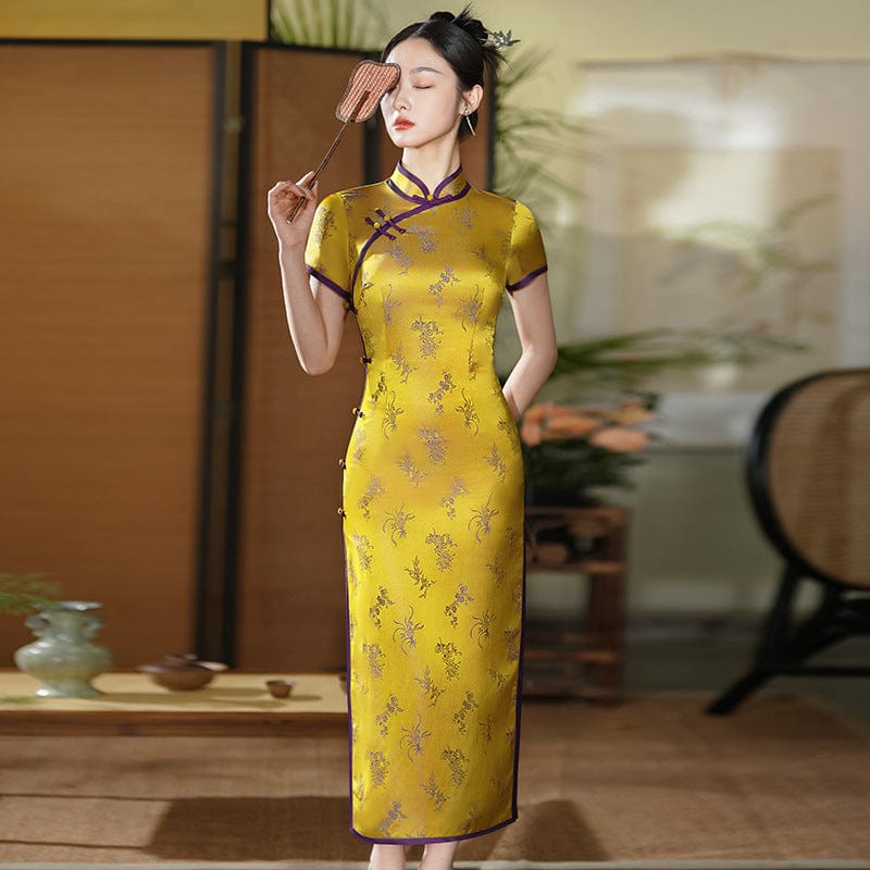 Beth and Brian Qipao-TF Floral pattern, jacquard silk long Cheongsam