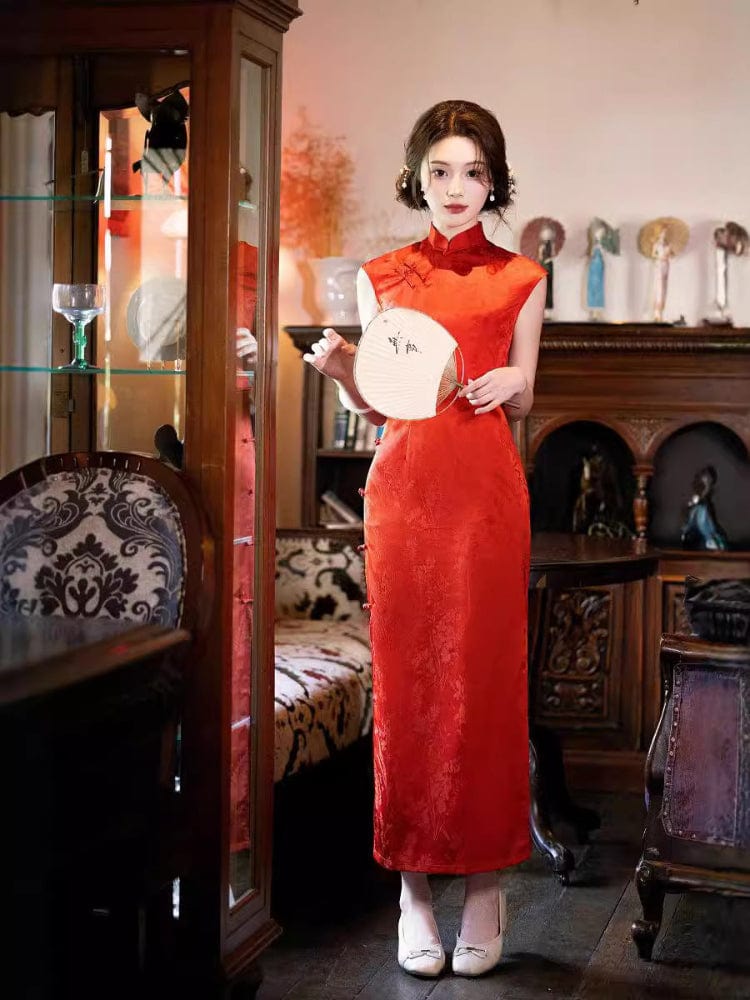 Beth and Brian Qipao-CZX Floral pattern, jacquard satin long Cheongsam