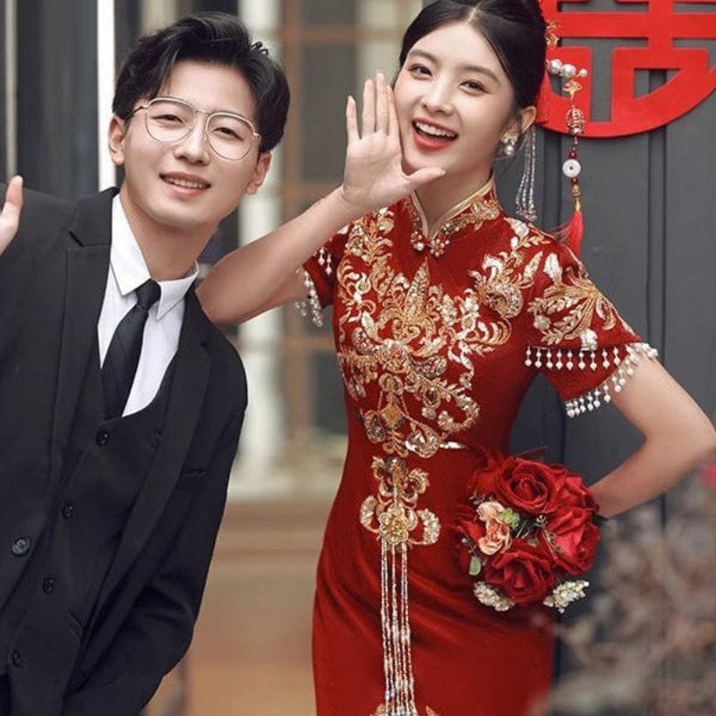 Beth and Brian Qipao-MYX Floral embroidery, wedding red midi Cheongsam