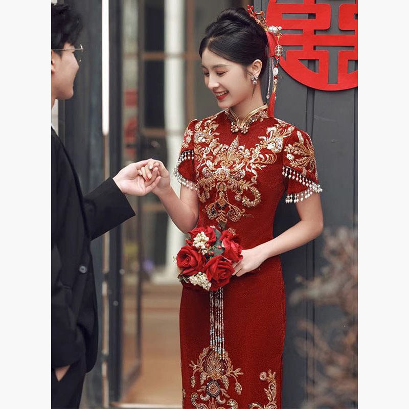 Beth and Brian Qipao-MYX Floral embroidery, wedding red midi Cheongsam