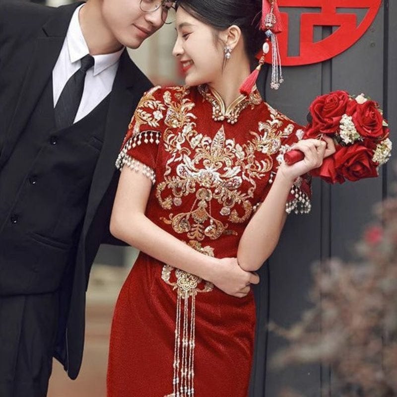 Beth and Brian Qipao-MYX Floral embroidery, wedding red midi Cheongsam