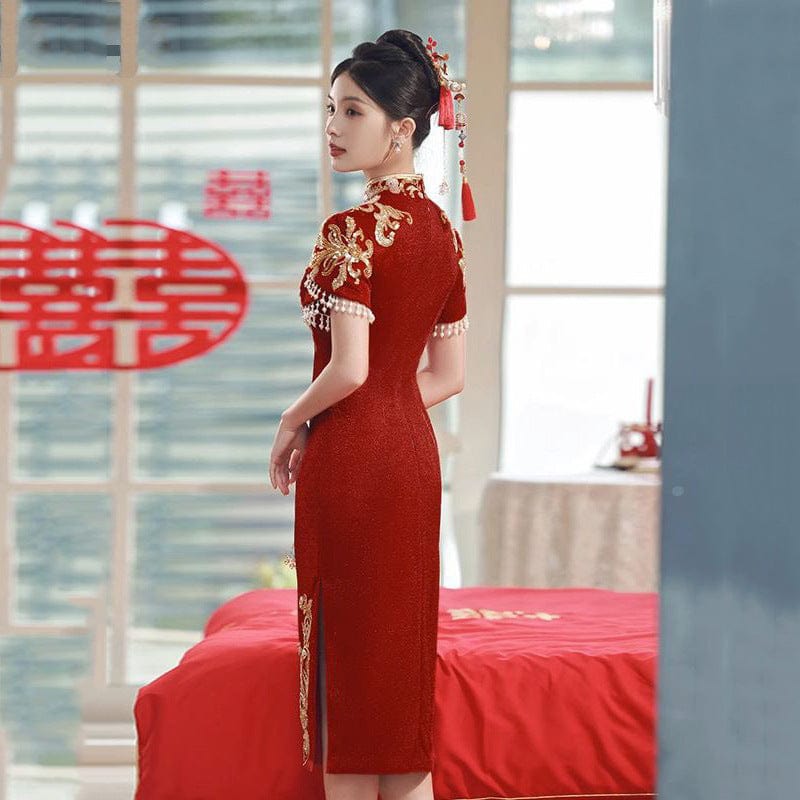 Beth and Brian Qipao-MYX Floral embroidery, wedding red midi Cheongsam
