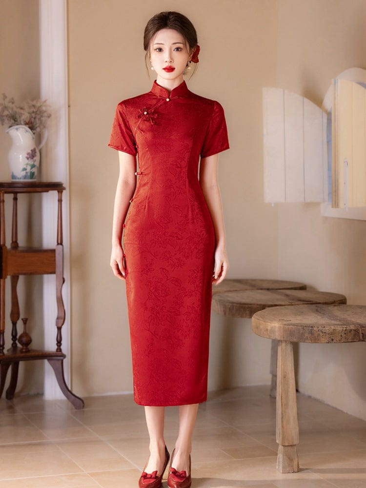 Beth and Brian Qipao - YG Jacquard silk satin, floral pattern midi Cheongsam