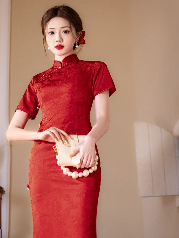 Beth and Brian Qipao - YG Jacquard silk satin, floral pattern midi Cheongsam