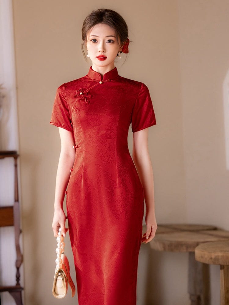 Beth and Brian Qipao - YG Jacquard silk satin, floral pattern midi Cheongsam
