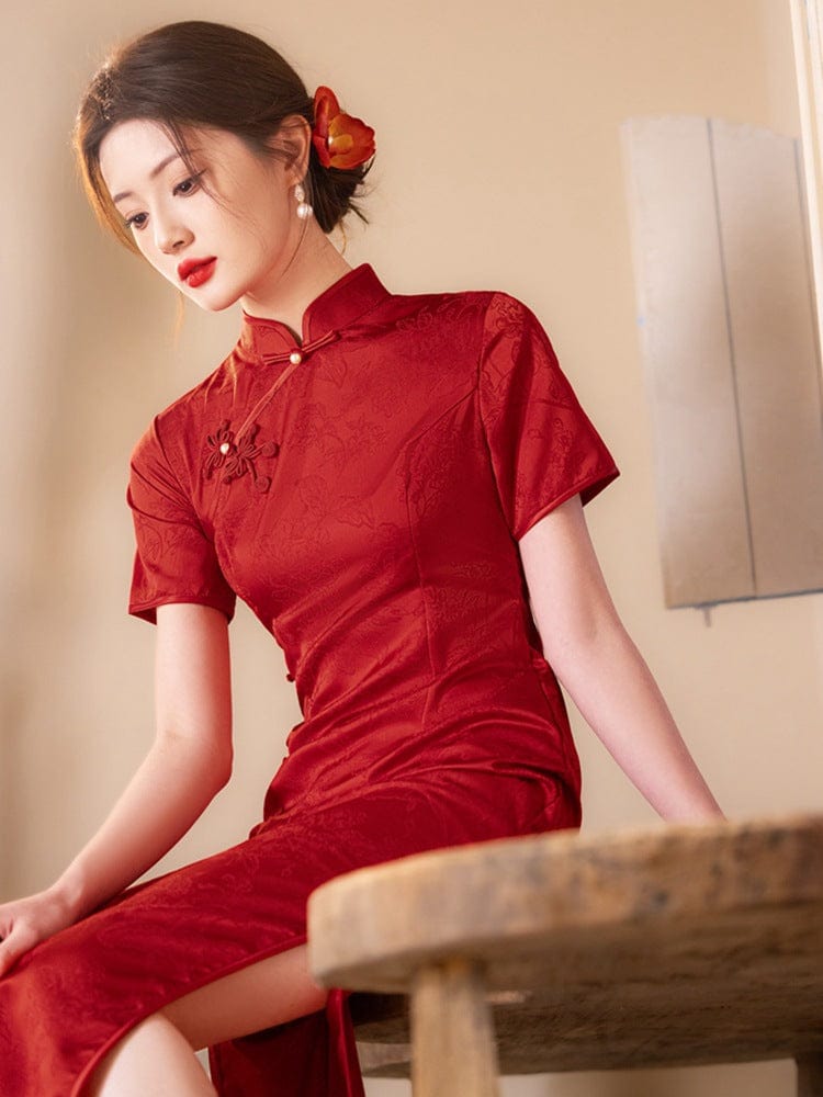 Beth and Brian Qipao - YG Jacquard silk satin, floral pattern midi Cheongsam