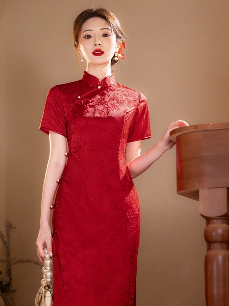 Beth and Brian Qipao - YG Jacquard silk satin, floral pattern midi Cheongsam