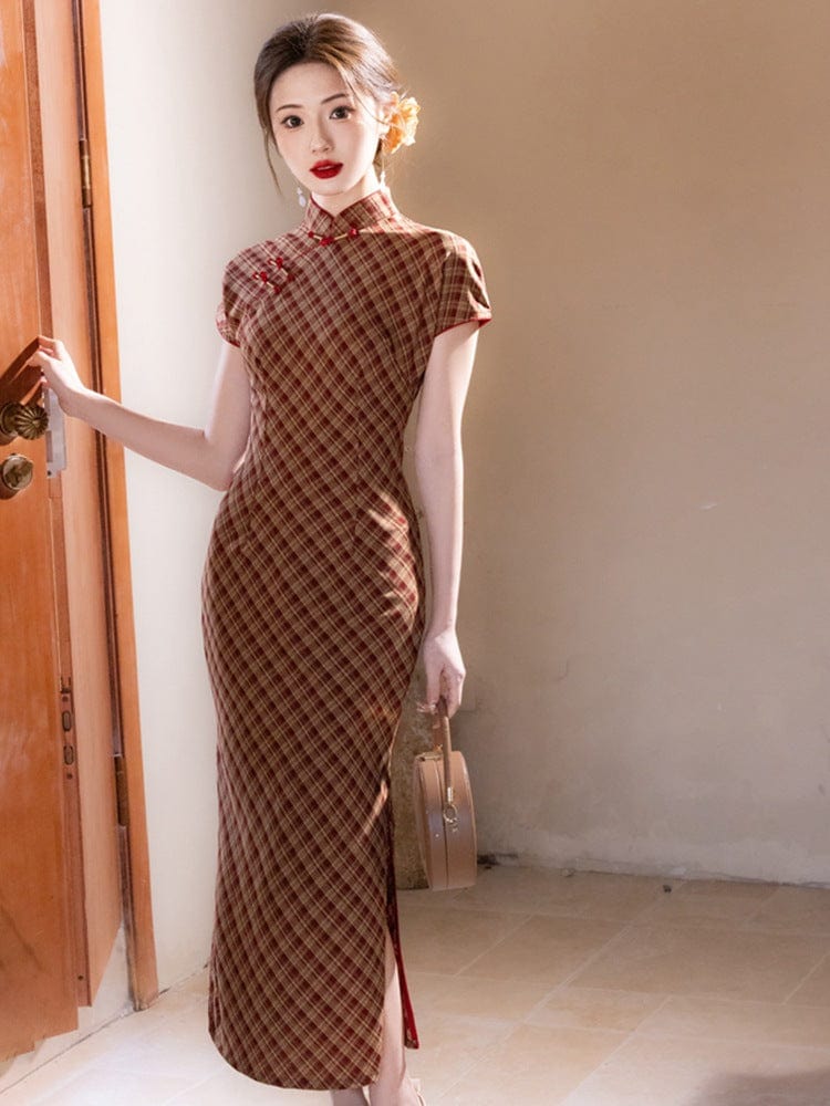 Beth and Brian Qipao - YG Plaid pattern, daily midi Cheongsam