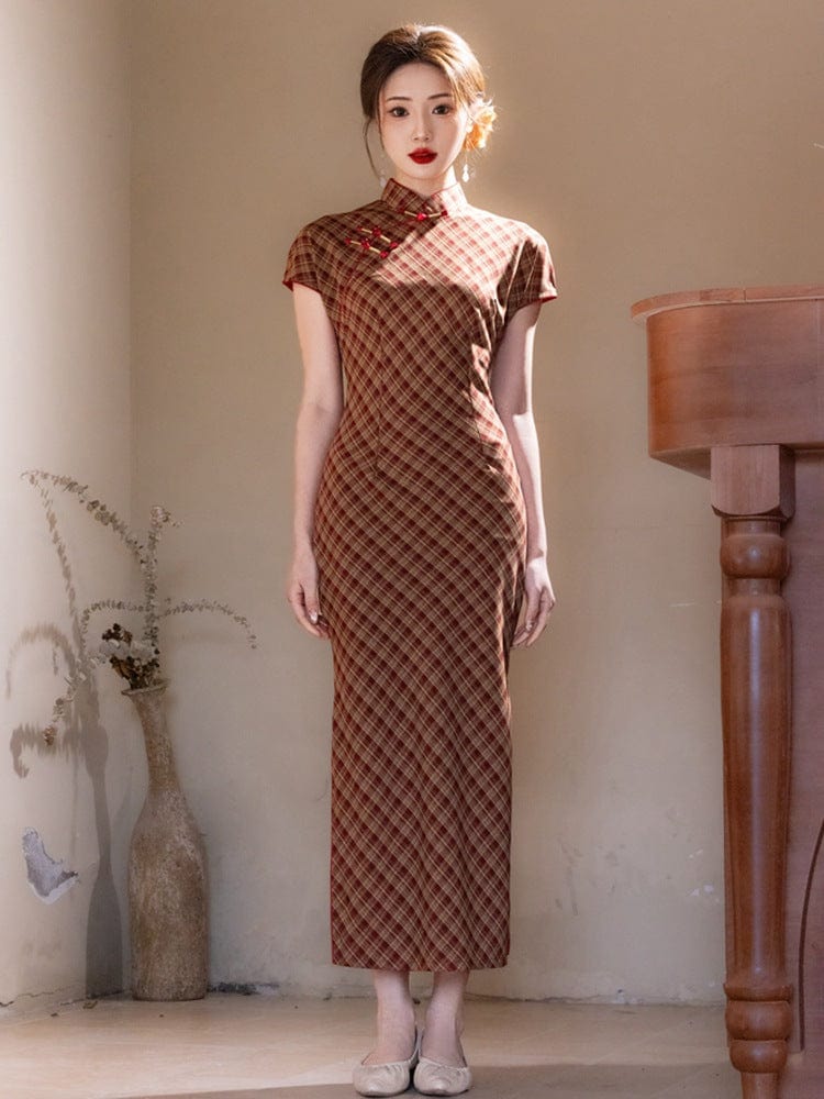 Beth and Brian Qipao - YG Plaid pattern, daily midi Cheongsam