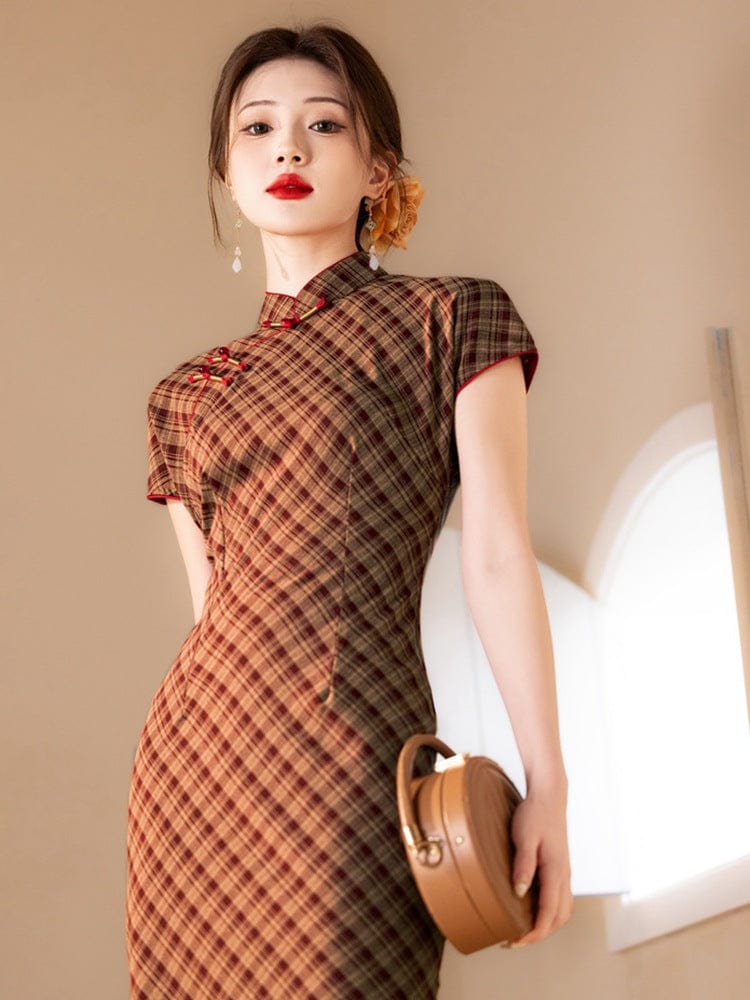 Beth and Brian Qipao - YG Plaid pattern, daily midi Cheongsam