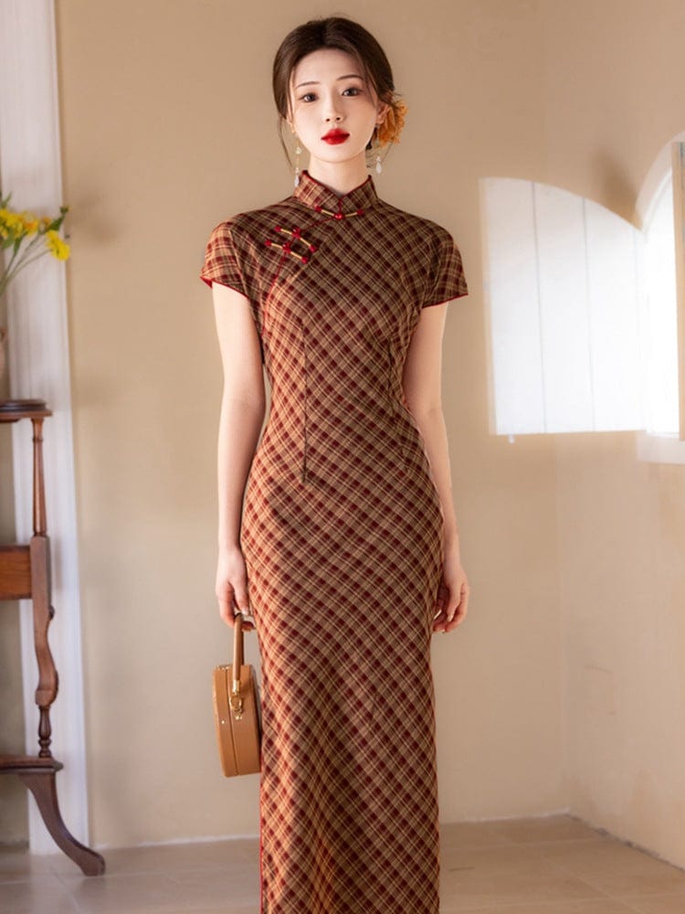 Beth and Brian Qipao - YG Plaid pattern, daily midi Cheongsam