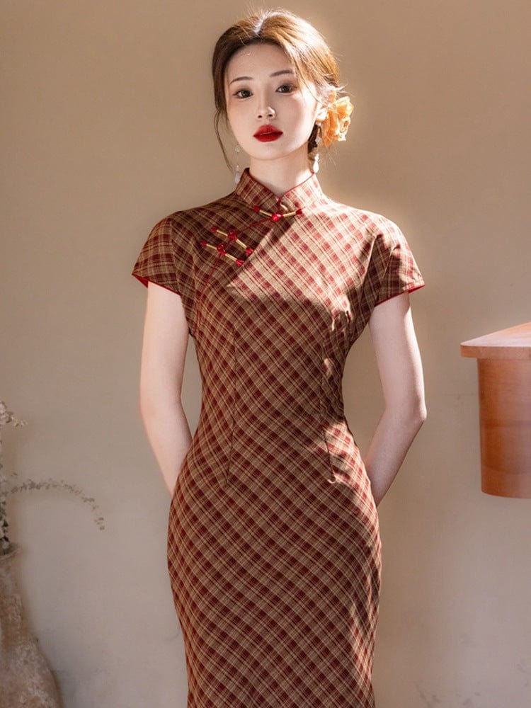 Beth and Brian Qipao - YG Plaid pattern, daily midi Cheongsam