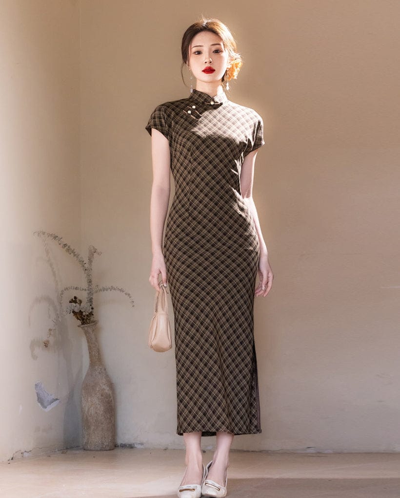 Beth and Brian Qipao - YG Plaid pattern, daily midi Cheongsam