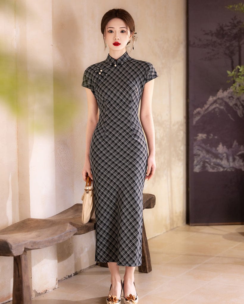 Beth and Brian Qipao - YG Plaid pattern, daily midi Cheongsam