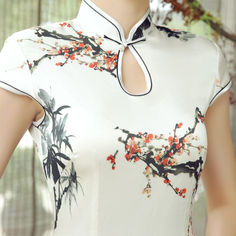 Beth and Brian Qipao-JX 19 mome mulberry silk, floral pattern, High-end short Cheongsam