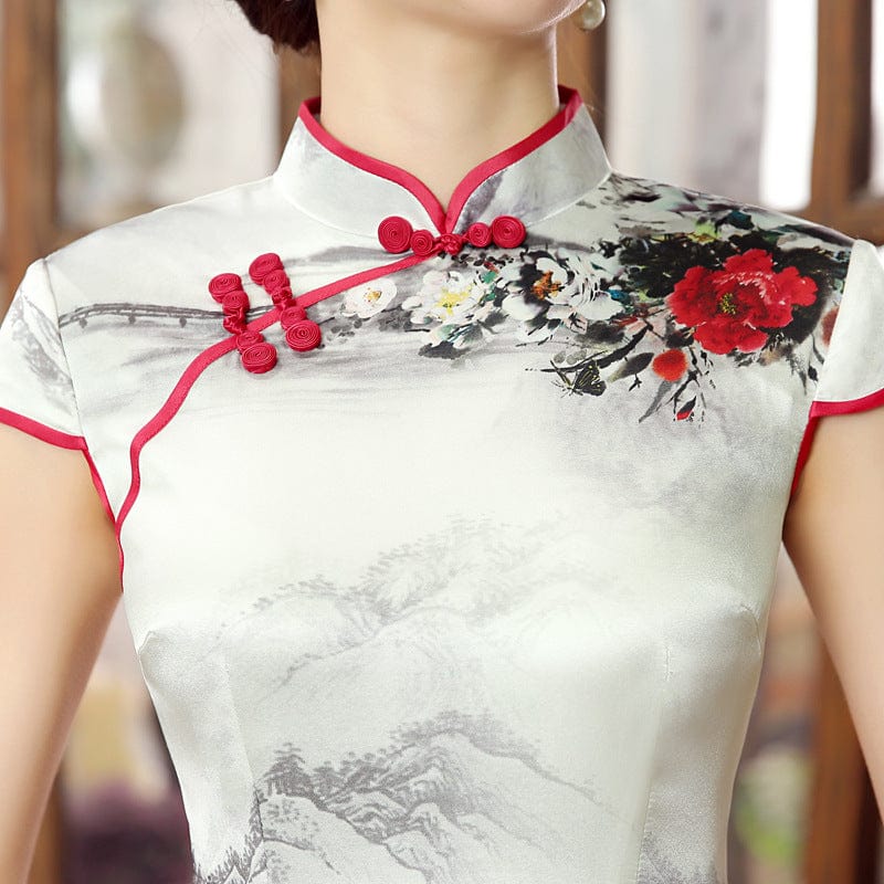 Beth and Brian Qipao-JX Floral pattern, high-end, mulberry silk  short Cheongsam