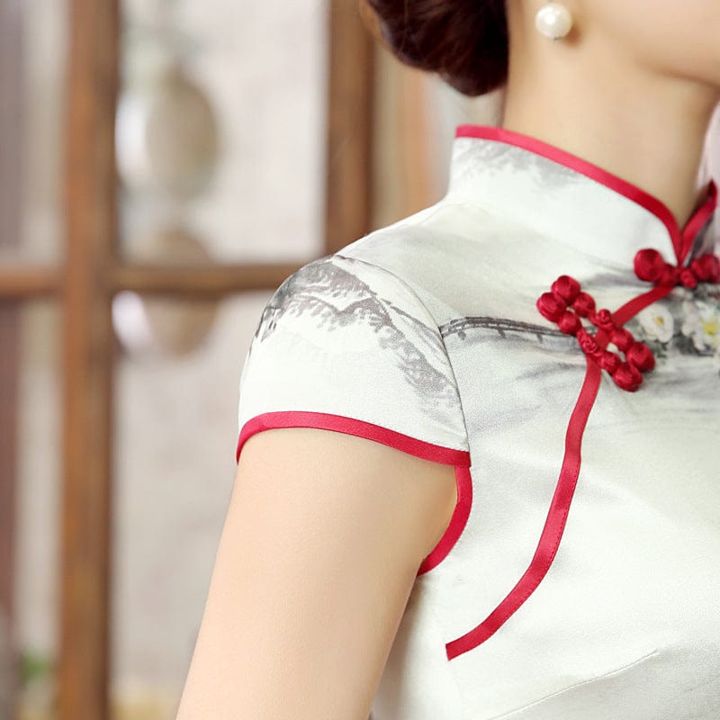 Beth and Brian Qipao-JX Floral pattern, high-end, mulberry silk  short Cheongsam