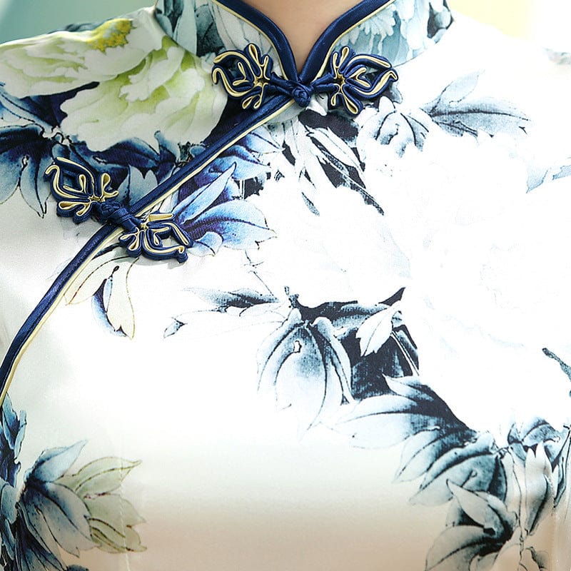 Beth and Brian Qipao-JX Floral pattern, mulberry silk short Cheongsam