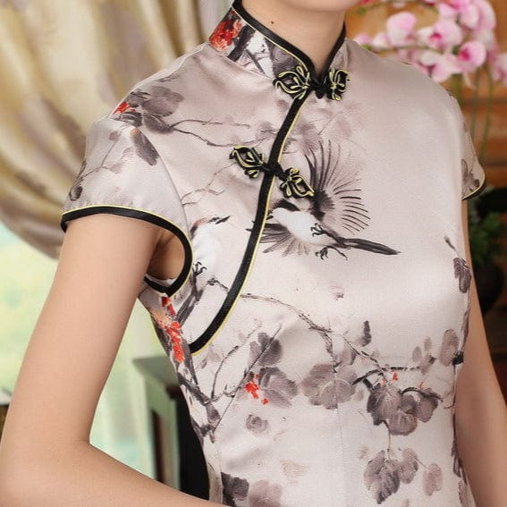 Beth and Brian Qipao-JX Floral pattern, high-end, mulberry silk grey short Cheongsam