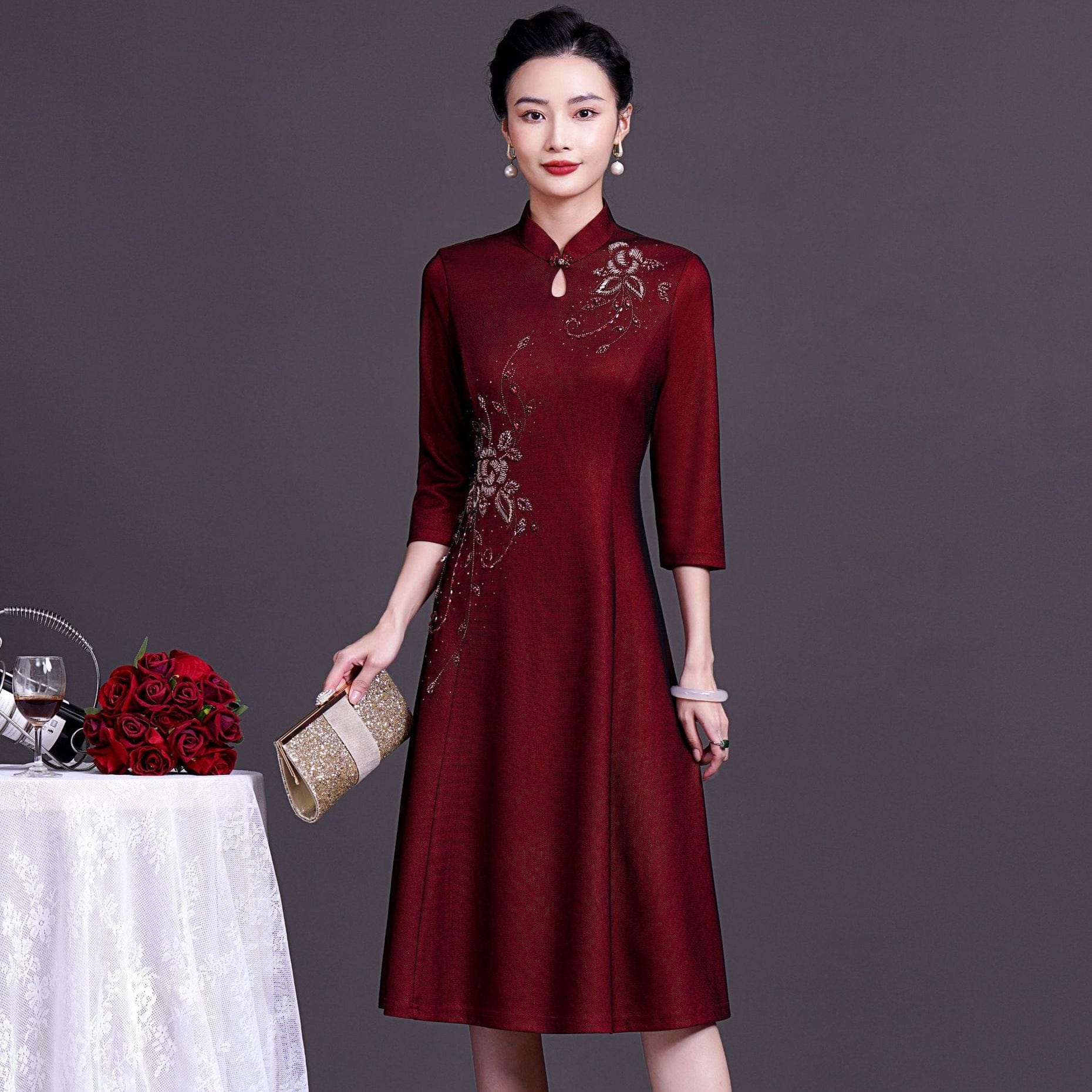 Beth and Brian Qipao-YZL Plus size, wedding midi Cheongsam for mothers