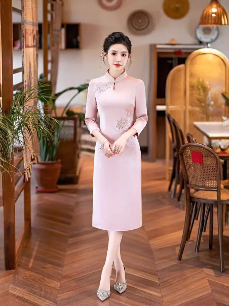 Beth and Brian Qipao-DL Floral pattern, acetate fabric, pink midi plus size Cheongsam
