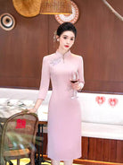 Beth and Brian Qipao-DL Floral pattern, acetate fabric, pink midi plus size Cheongsam