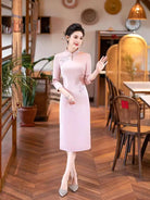 Beth and Brian Qipao-DL Floral pattern, acetate fabric, pink midi plus size Cheongsam