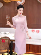 Beth and Brian Qipao-DL Floral pattern, acetate fabric, pink midi plus size Cheongsam