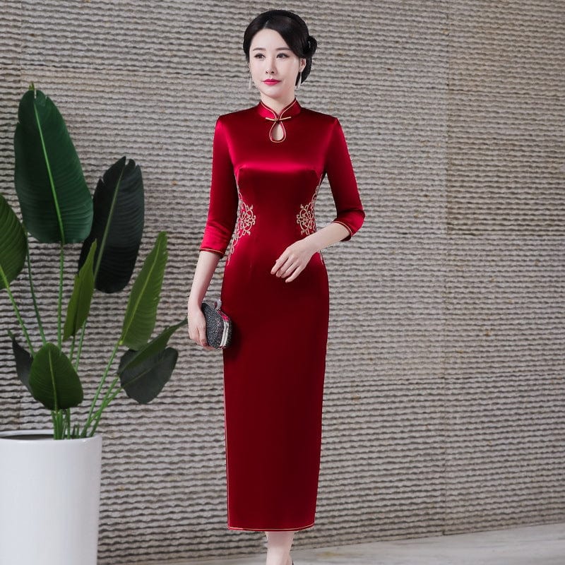 Beth and Brian Qipao-MH High-end, acetate fabric, wine red long Cheongsam