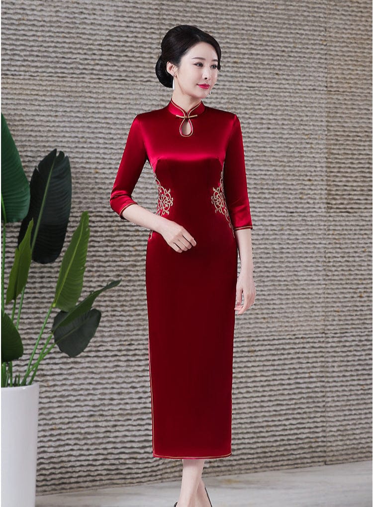 Beth and Brian Qipao-MH High-end, acetate fabric, wine red long Cheongsam