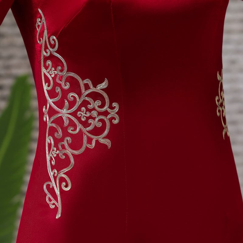 Beth and Brian Qipao-MH High-end, acetate fabric, wine red long Cheongsam