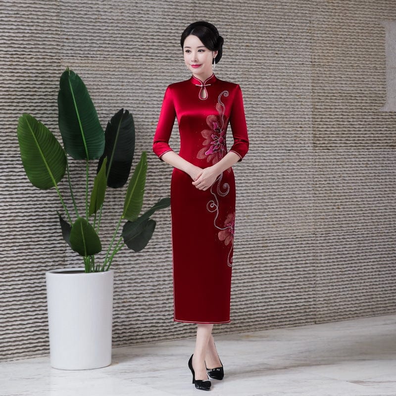 Beth and Brian Qipao-MH Floral pattern, high-end, acetate long Cheongsam for mothers