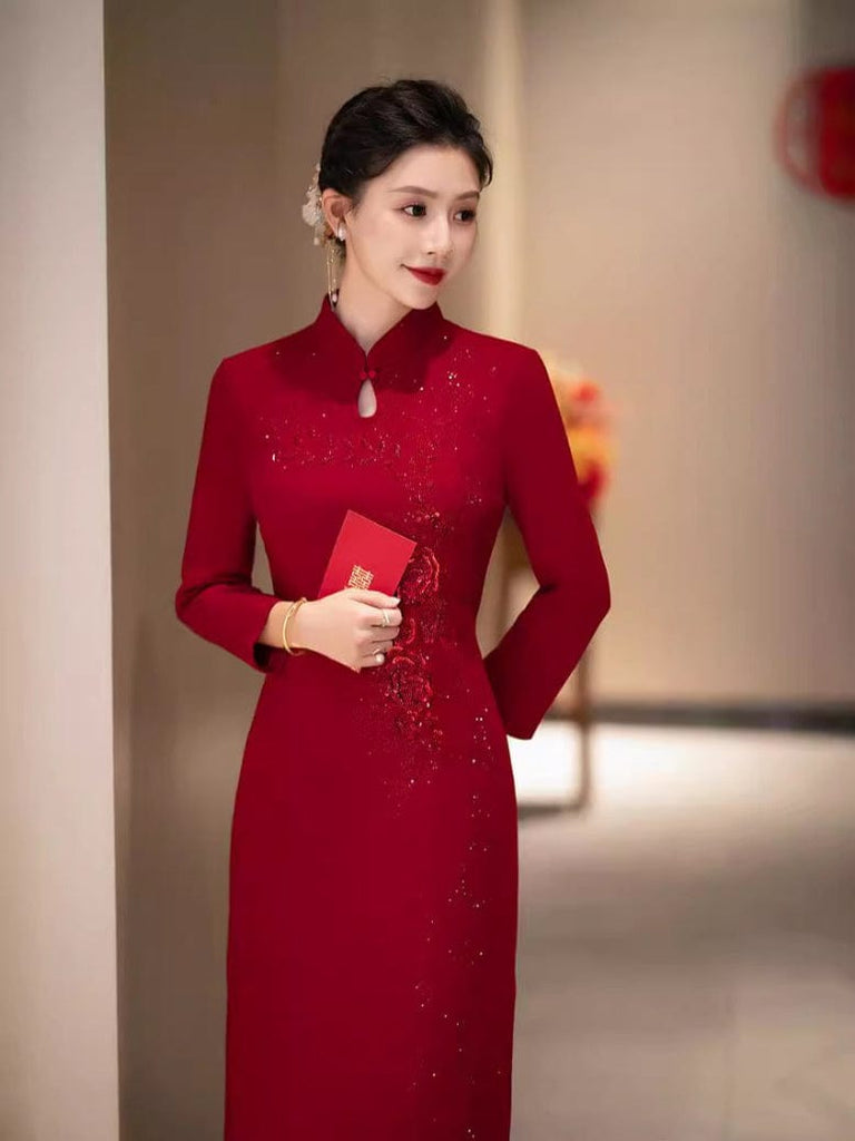 Beth and Brian Qipao-DL Plus size, wine red midi Cheongsam for mothers