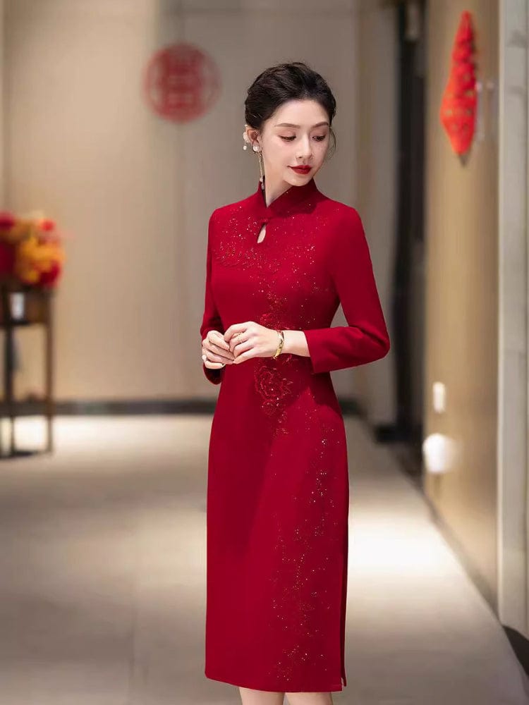 Beth and Brian Qipao-DL Plus size, wine red midi Cheongsam for mothers