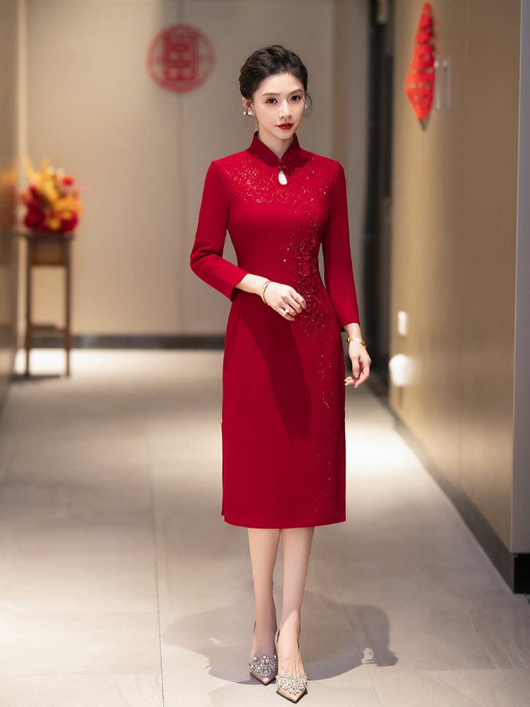 Beth and Brian Qipao-DL Plus size, wine red midi Cheongsam for mothers
