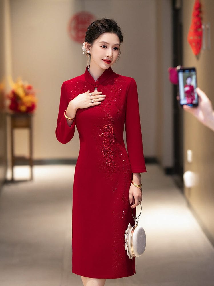 Beth and Brian Qipao-DL Plus size, wine red midi Cheongsam for mothers